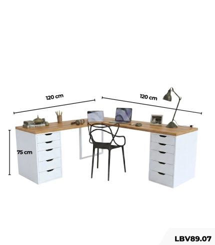 Bàn làm việc IKEA Chữ L 2 Tủ LBV89.07 120x120 - Trắng + Vân gỗ