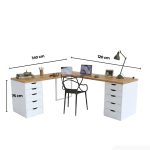 Bàn làm việc IKEA Chữ L 2 Tủ LBV89.08 140x120 - Trắng + Vân gỗ