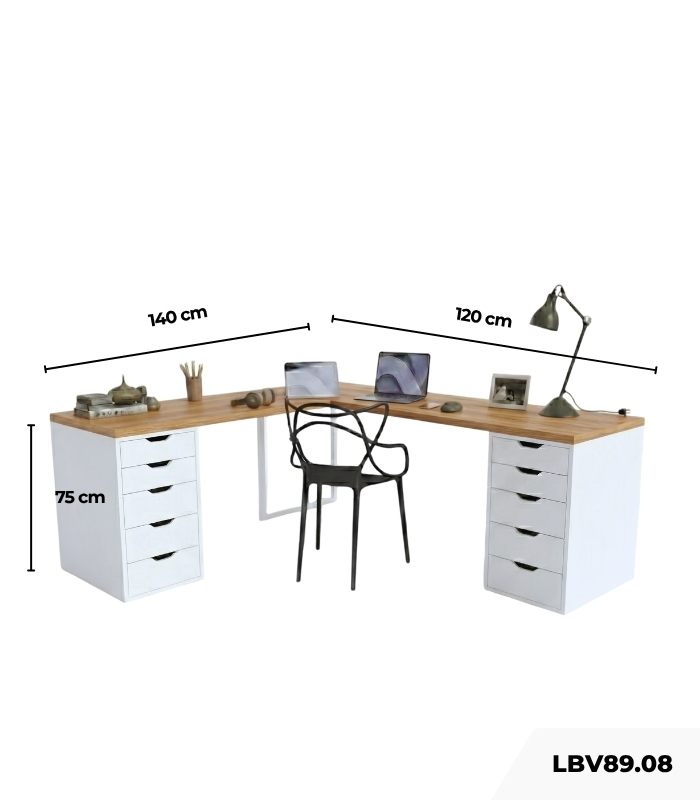Bàn làm việc IKEA Chữ L 2 Tủ LBV89.08 140x120 - Trắng + Vân gỗ