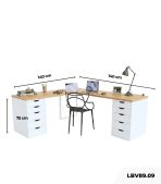 Bàn làm việc IKEA Chữ L 2 Tủ LBV89.09 140x140 - Trắng + Vân gỗ
