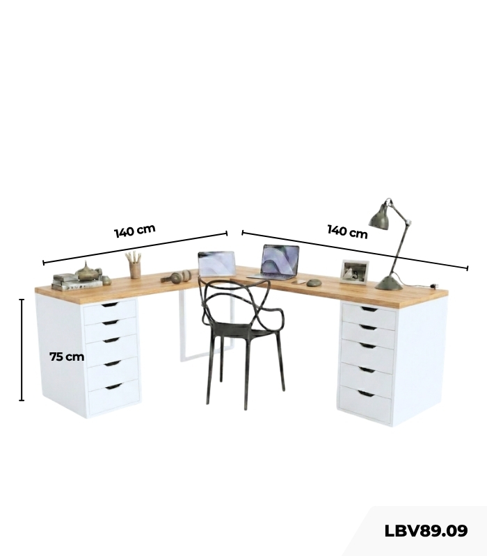Bàn làm việc IKEA Chữ L 2 Tủ LBV89.09 140x140 - Trắng + Vân gỗ