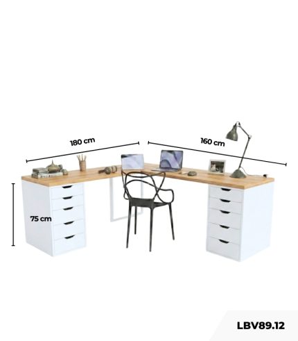 Bàn làm việc IKEA Chữ L 2 Tủ LBV89.12 180x160 - Trắng + Vân gỗ