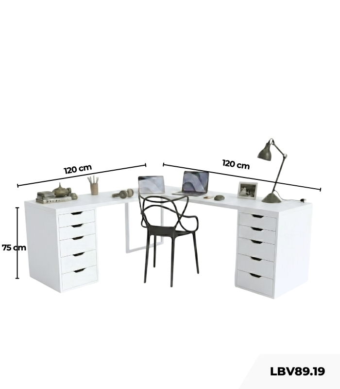 Bàn làm việc IKEA Chữ L 2 Tủ LBV89.19 120x120 - Trắng