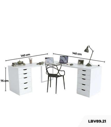 Bàn làm việc IKEA Chữ L 2 Tủ LBV89.21 140x140 - Trắng