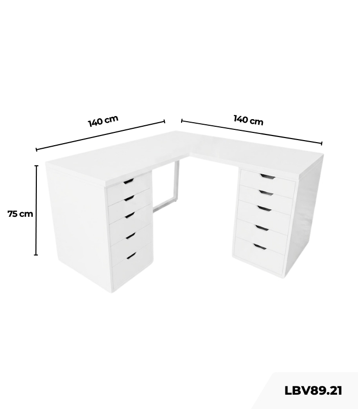 Bàn làm việc IKEA Chữ L 2 Tủ LBV89.21 140x140 - Trắng