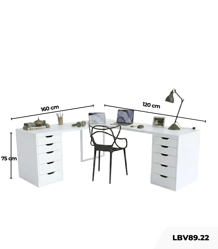 Bàn làm việc IKEA Chữ L 2 Tủ LBV89.22 160x120 - Trắng