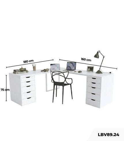 Bàn làm việc IKEA Chữ L 2 Tủ LBV89.24 180x160 - Trắng