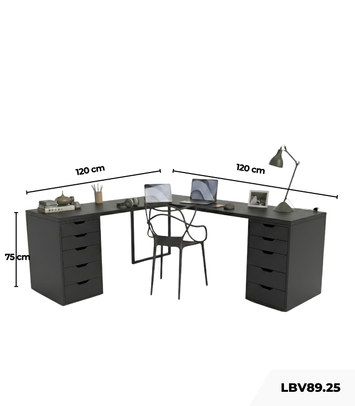 Bàn làm việc IKEA Chữ L 2 Tủ LBV89.25 120x120 - Đen