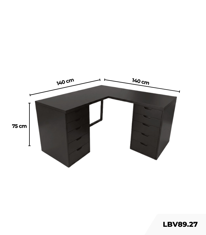 Bàn làm việc IKEA Chữ L 2 Tủ LBV89.27 140x140 - Đen