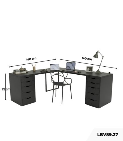 Bàn làm việc IKEA Chữ L 2 Tủ LBV89.27 140x140 - Đen