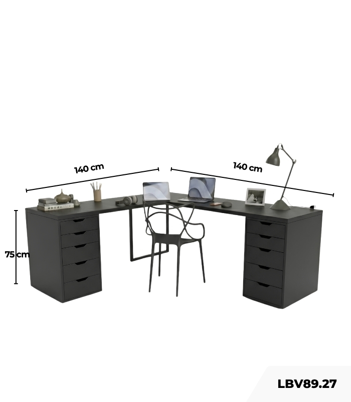Bàn làm việc IKEA Chữ L 2 Tủ LBV89.27 140x140 - Đen