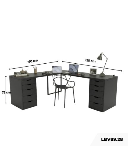 Bàn làm việc IKEA Chữ L 2 Tủ LBV89.28 160x120 - Đen