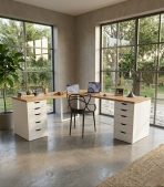 Bàn làm việc IKEA Chữ L 2 Tủ LBV89.07 120x120 - Trắng + Vân gỗ