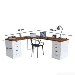Bàn làm việc IKEA Chữ L 2 Tủ LBV89.17 180x140 - Trắng + Vân gỗ đậm