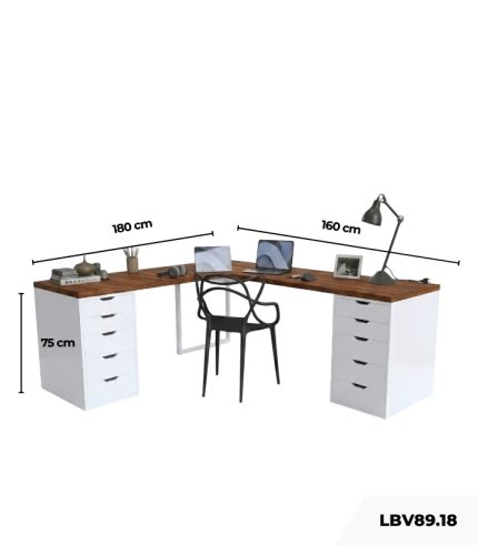 Bàn làm việc IKEA Chữ L 2 Tủ LBV89.18 180x160 - Trắng + Vân gỗ đậm