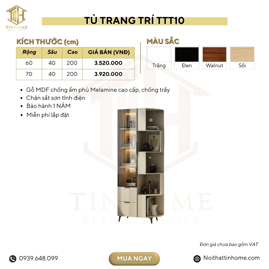 Tủ Trang Trí Góc Tường Khung nhôm Kính màu TTT10.2 70x40x200 - Be