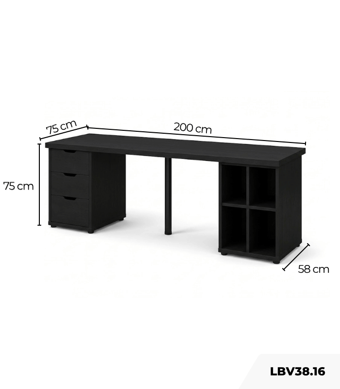 Bàn làm việc IKEA 2 Tủ 1 Chân Sắt LBV38.16 200x75 - Đen