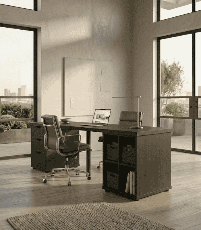 Bàn làm việc IKEA 2 Tủ 1 Chân Sắt LBV38.16 200x75 - Đen