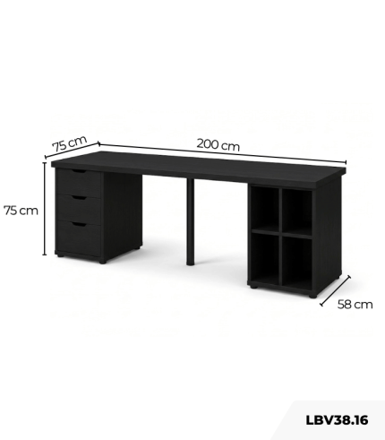 Bàn làm việc IKEA 2 Tủ 1 Chân Sắt LBV38.16 200x75 - Đen