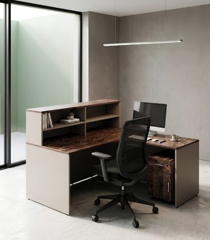 Bàn làm việc Chữ L LBV91.2 140x120 - Be + Vân gỗ đậm
