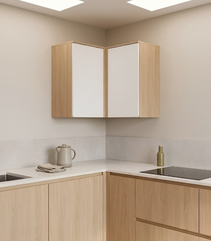 Tủ bếp trên Hệ 2 cửa mở góc L TBT05.1 156x35x75 - Vân gỗ nhạt