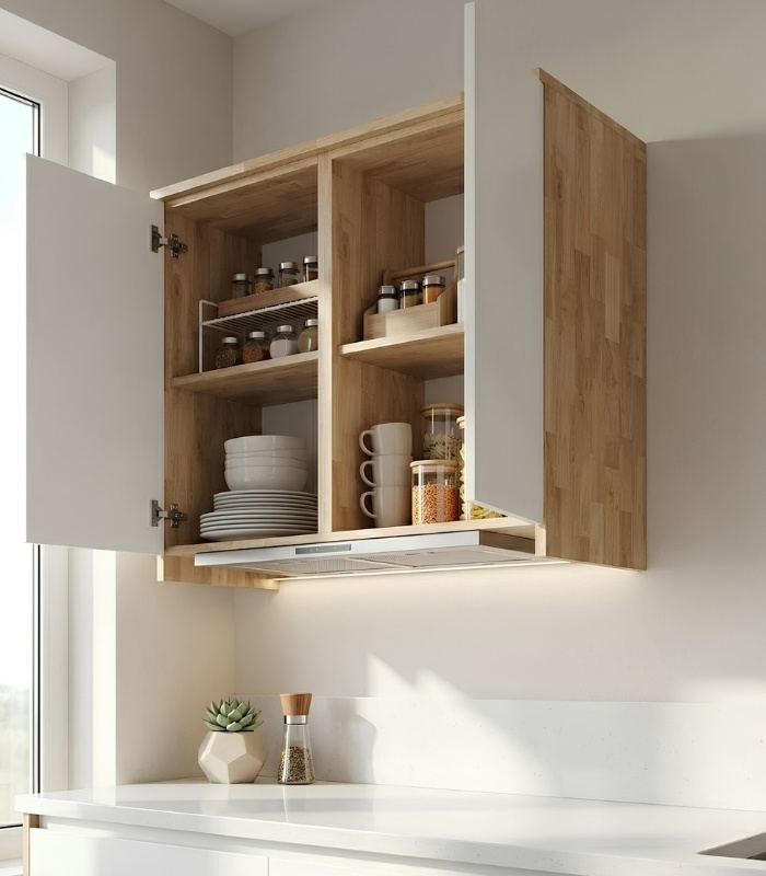 Tủ bếp trên Hệ 2 cửa mở máy hút mùi TBT04.3 80x35x75 - Vân gỗ nhạt