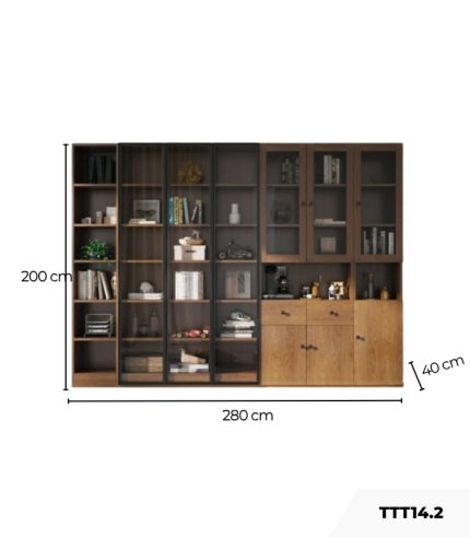 Tủ Trang Trí Khung gỗ Kính màu TTT14.2 280x40x200 - Vân Gỗ Đậm
