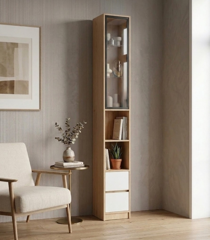 Tủ trang trí kết hợp Khung nhôm Kính màu TTT03.1 30x30x260 – Vân gỗ nhạt