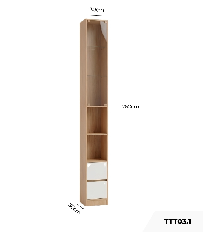 Tủ trang trí kết hợp Khung nhôm Kính màu TTT03.1 30x30x260 – Vân gỗ nhạt