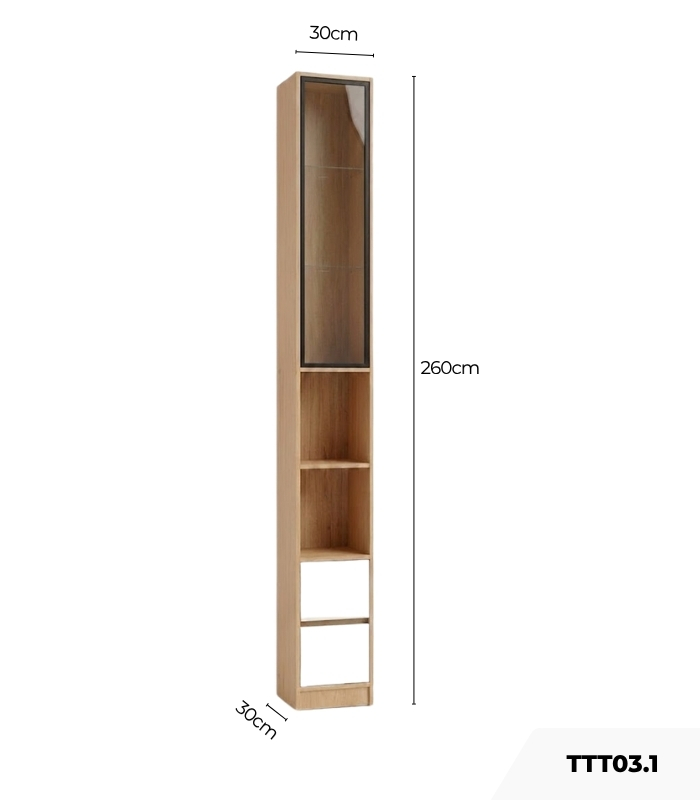 Tủ trang trí kết hợp Khung nhôm Kính màu TTT03.1 30x30x260 – Vân gỗ nhạt