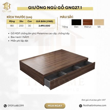 Giường gỗ GNG27.1 180×200 – Vân gỗ đậm
