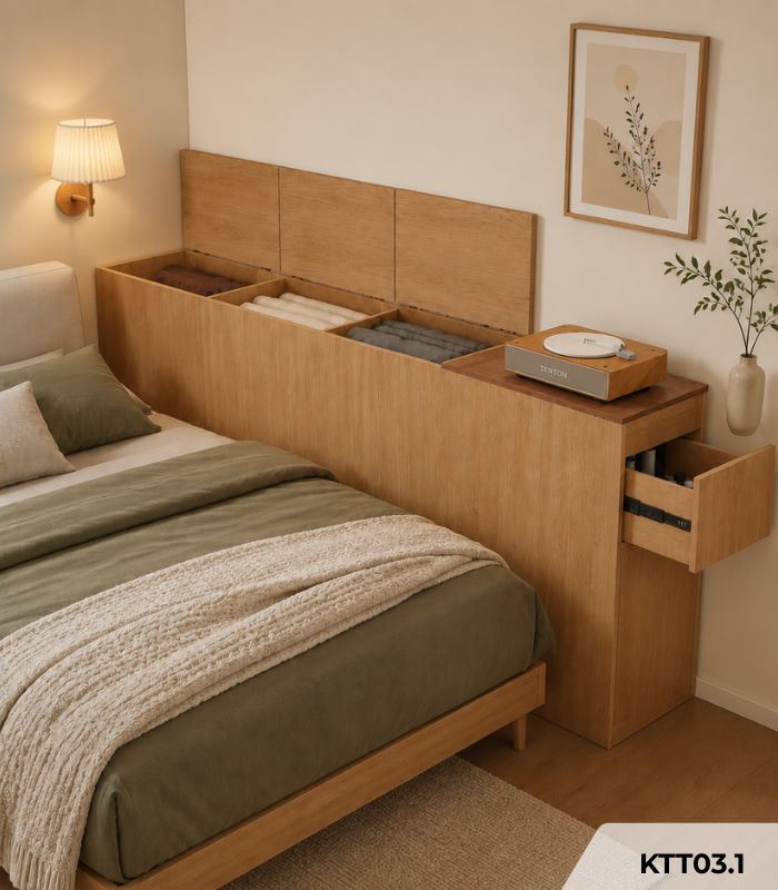 Kệ decor hông giường kèm hộc tủ trang trí KTT03.1 - Vân gỗ nhạt