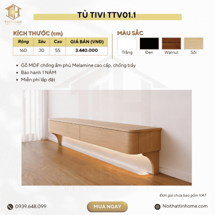 Tủ Tivi TTV01.1 160x30x55 – Vân gỗ nhạt