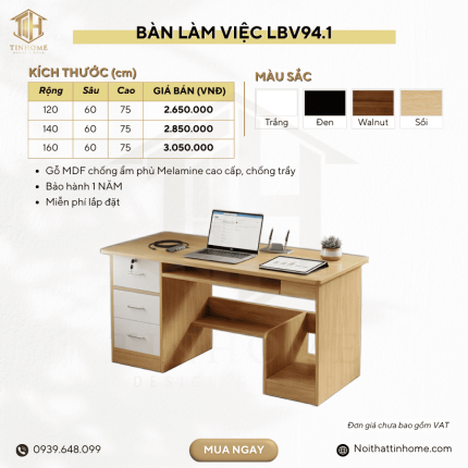 Bàn làm việc LBV94.1 120×60 – Vân gỗ nhạt