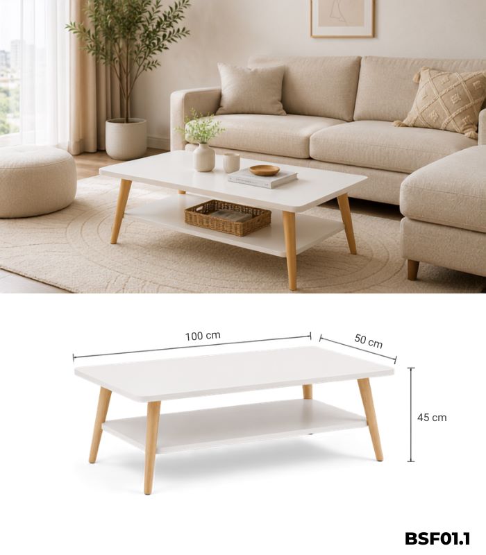 Bàn trà sofa 2 tầng thiết kế chân gỗ đơn giản BSF01.1 100x50 cm - Trắng + Vân gỗ nhạt