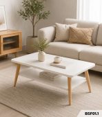 Bàn trà sofa 2 tầng thiết kế chân gỗ đơn giản BSF01.1 100x50 cm - Trắng + Vân gỗ nhạt