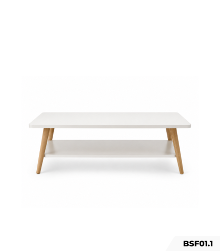 Bàn trà sofa 2 tầng thiết kế chân gỗ đơn giản BSF01.1 100x50 cm - Trắng + Vân gỗ nhạt