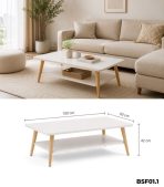 Bàn trà sofa 2 tầng thiết kế chân gỗ đơn giản BSF01.1 100x50 cm - Trắng + Vân gỗ nhạt