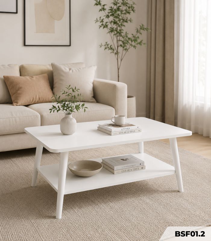 Bàn trà sofa 2 tầng thiết kế chân gỗ đơn giản BSF01.2 100x50 cm - Trắng