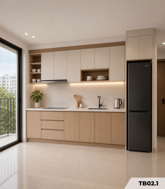 Hệ tủ bếp chữ I MDF chống ẩm phủ Melamine TB02.1 - Trắng + Walnut nhạt