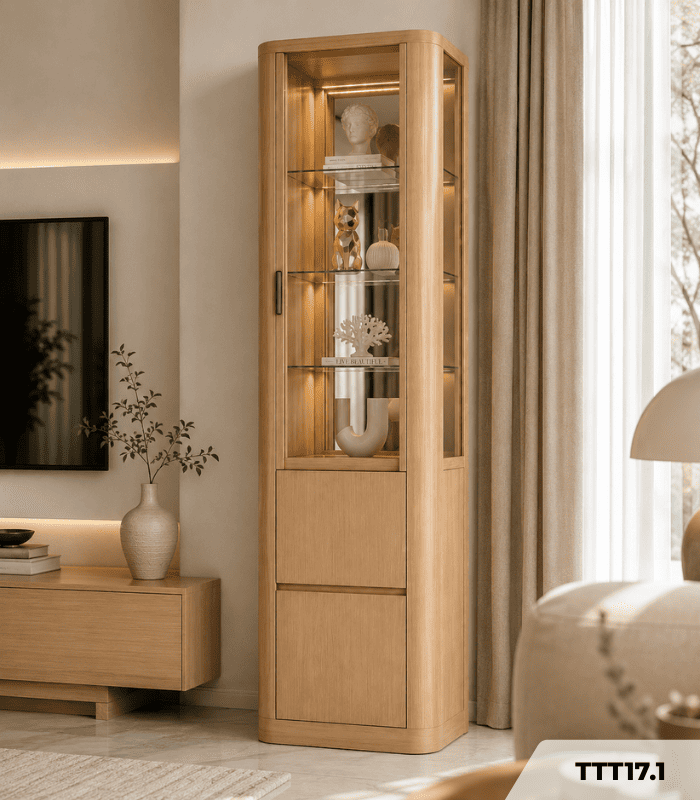 Tủ trang trí bo cong khung gỗ cánh kính TTT17.1 40x60x280 – Vân Gỗ