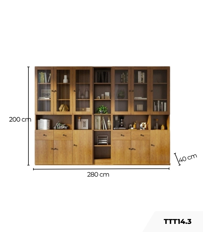 Tủ Trang Trí Khung gỗ Kính màu TTT14.3 280x40x200 - Vân Gỗ Đậm