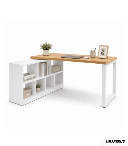 Bàn làm việc Chữ L LBV39.7 140×120 – Vân gỗ nhạt + Trắng