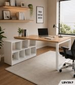 Bàn làm việc Chữ L LBV39.7 140×120 – Vân gỗ nhạt + Trắng