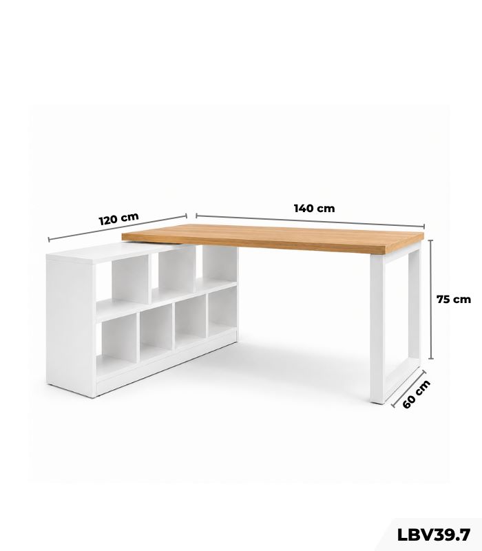 Bàn làm việc Chữ L LBV39.7 140×120 – Vân gỗ nhạt + Trắng