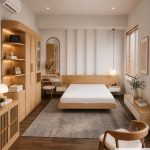 Gường bay gỗ kèm 2 Tab đầu giường PN01.6 160x200 - Vân gỗ nhạt