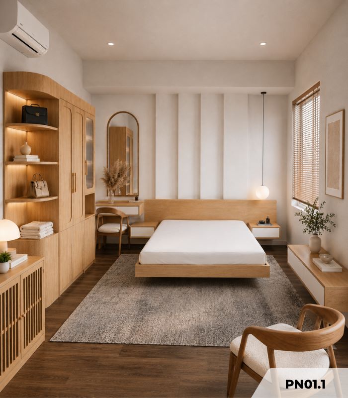 Gường bay gỗ kèm 2 Tab đầu giường PN01.6 160x200 - Vân gỗ nhạt