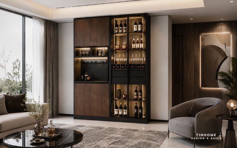 Phòng khách hiện đại với tủ rượu làm điểm nhấn