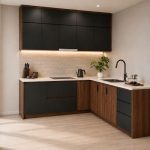 Hệ tủ bếp chữ L MDF chống ẩm phủ Melamine TB05.1 - Walnut đậm phối đen