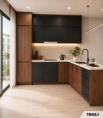 Hệ tủ bếp chữ L MDF chống ẩm phủ Melamine TB05.1 - Walnut đậm phối đen